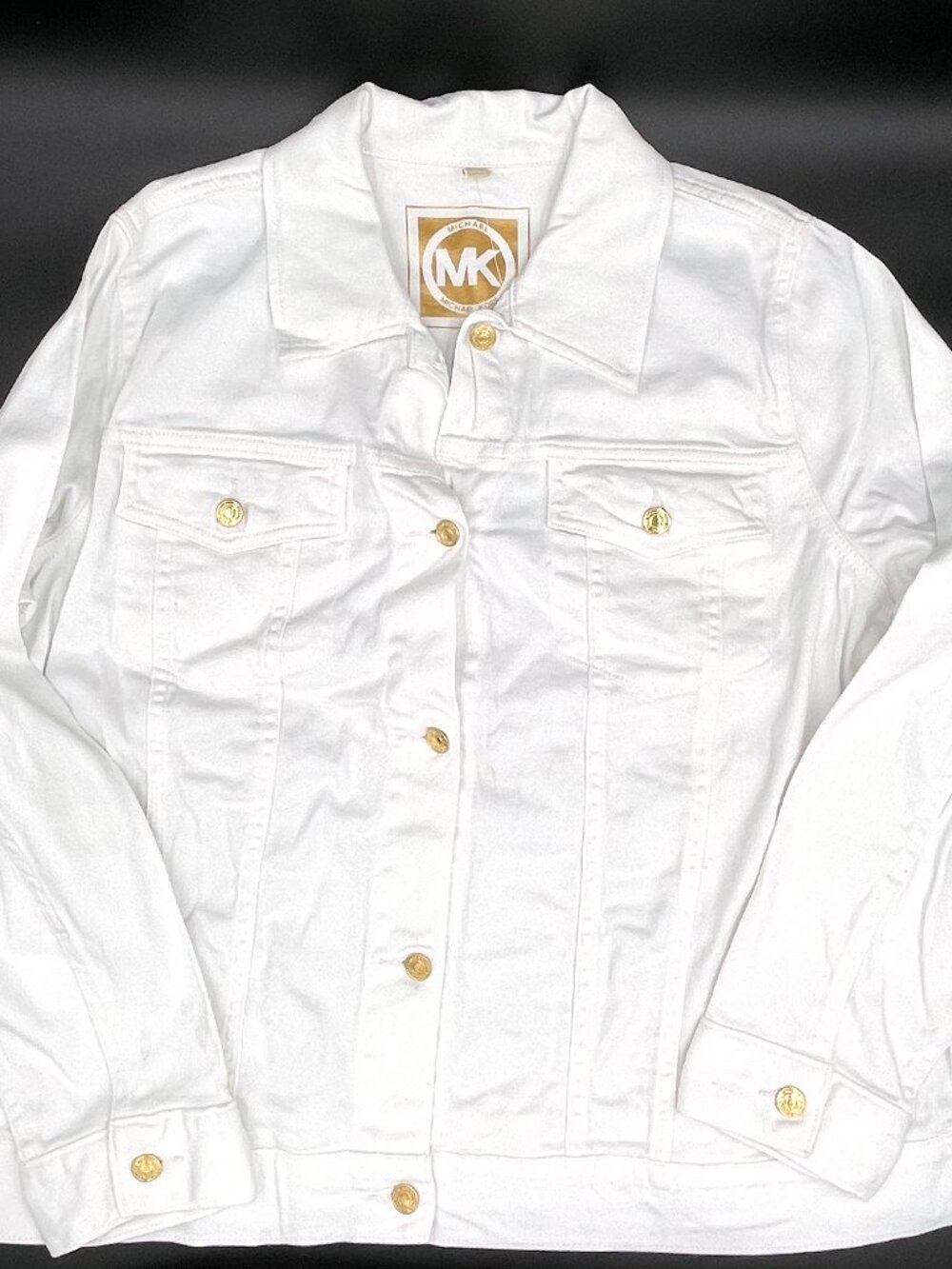 Michael Kors White Denim Trucker Jacket Gold Logo Buttons Plus Size 2X NWOT